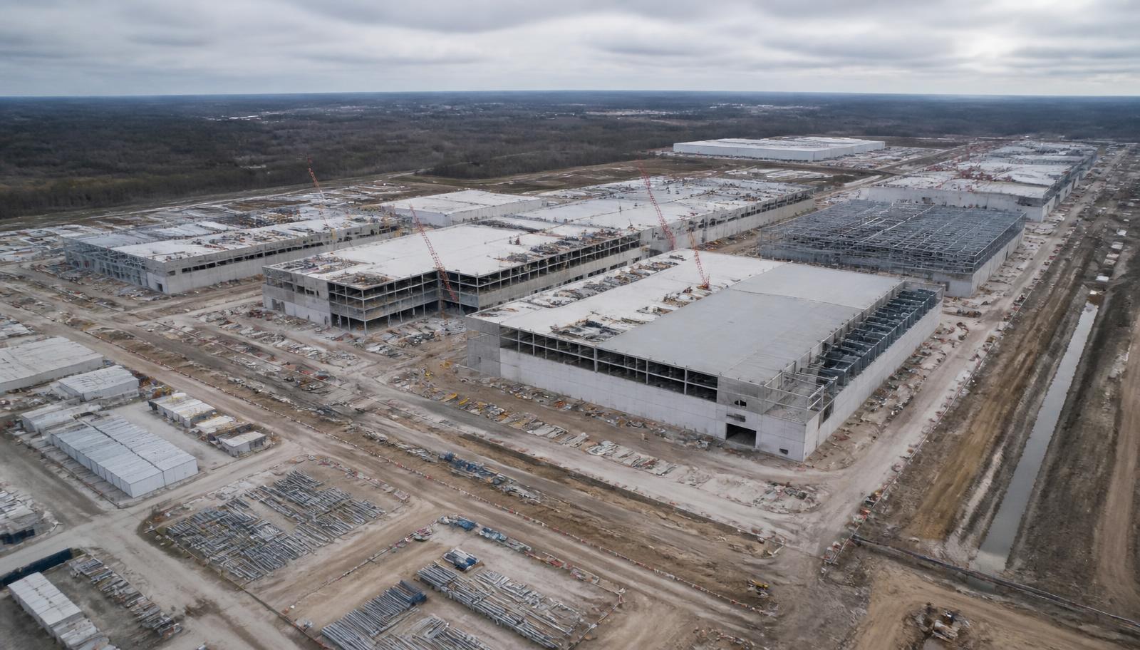 Aerial view of a large data center construction campus with laydown areas and cranes