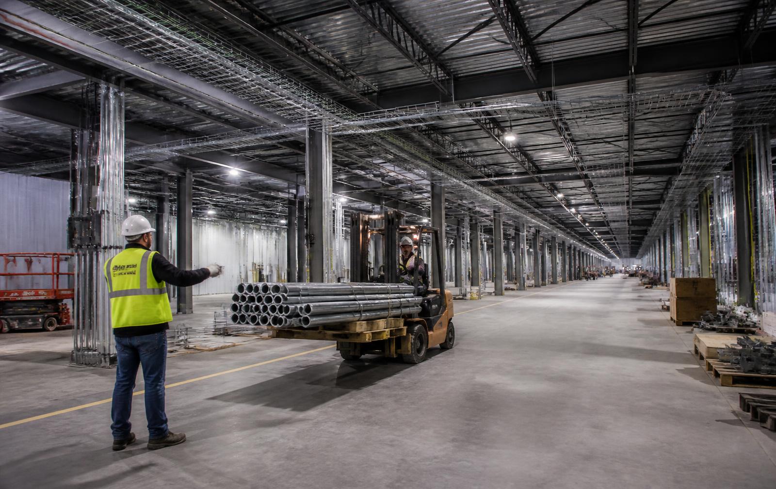 Forklift moving conduit inside a large data center building under construction