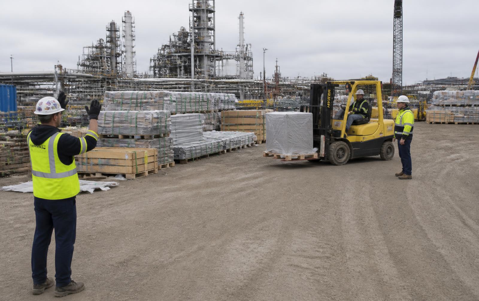 Forklift moving palletized material through an organized construction laydown yard
